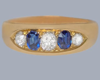 Victorian Sapphire and Diamond Boat Ring 18ct Gold Antique 1890 Ring
