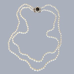 Vintage Pearl Necklace 9ct Gold Floral Garnet Clasp Double Strand 1940s Pearls