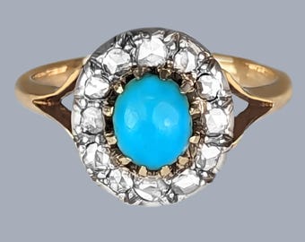 Victorian Turquoise and Rose Cut Diamond Cluster Ring – 15ct Gold, Circa 1880