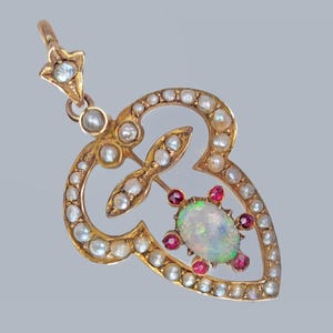 Art Nouveau Cropp & Farr Opal Ruby Pearl Pendant 9ct Rose Gold Antique Pendant Circa 1920