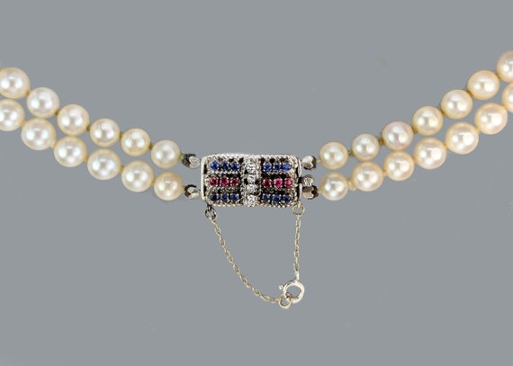Double Strand Pearl Necklace Diamond Ruby Sapphir… - image 6