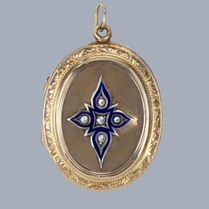 Victorian 9ct Gold Locket Blue Enamel Pearl Star Motive Antique Foliate c.1880 - Boxed