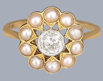 Antique Edwardian Pearl & Diamond Cluster Ring 18ct Gold and Platinum Circa 1910