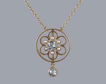 15ct Gold Antique Aquamarine and Seed Pearl Necklace Edwardian Pendant circa 1910