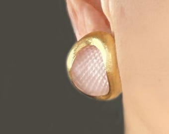 Vintage 1960s Andrew Grima 18ct Gold Rose Quartz Earrings Post & Clip-On for Pierced Ears with Original Box