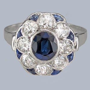 Platinum Sapphire Diamond Cluster Ring Vintage Ring 1960s Flower Engagement Ring