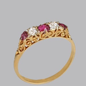 Victorian Ruby and Old Cut Diamond Ring 18ct Gold Antique Ornate Five Stone Ring