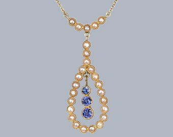 Exquisite Edwardian Sapphire and Pearl Necklace 15ct Gold Antique Drop Pendant circa 1910