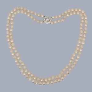 1960s Pearl Necklace 9ct White Gold with Diamond Clasp Double Strand Pearls London 1962 Hallmarked Boxed