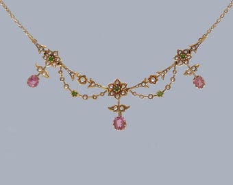 Edwardian Pink Sapphire Necklace Garnet Seed Pearl 18ct Gold Fringe Necklace Antique Floral Jewellery circa 1910
