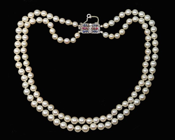 Double Strand Pearl Necklace Diamond Ruby Sapphir… - image 1
