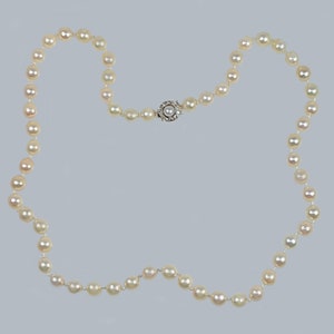 May include: A white pearl necklace with a silver clasp. The necklace is made of small, round pearls and has a simple design.
