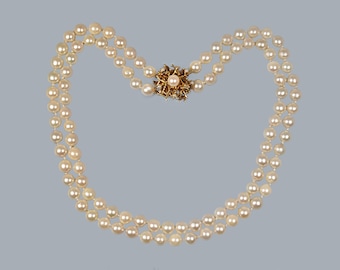 Vintage Pearl Necklace Abstract Clasp Two Strand 1960s with Gem Lab Certificate