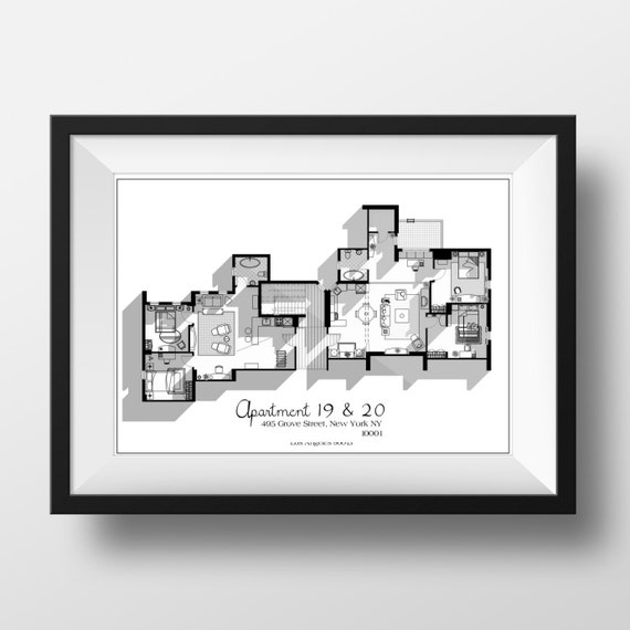 Friends Tv Show Apartment Floor Plan In Black And White Etsy