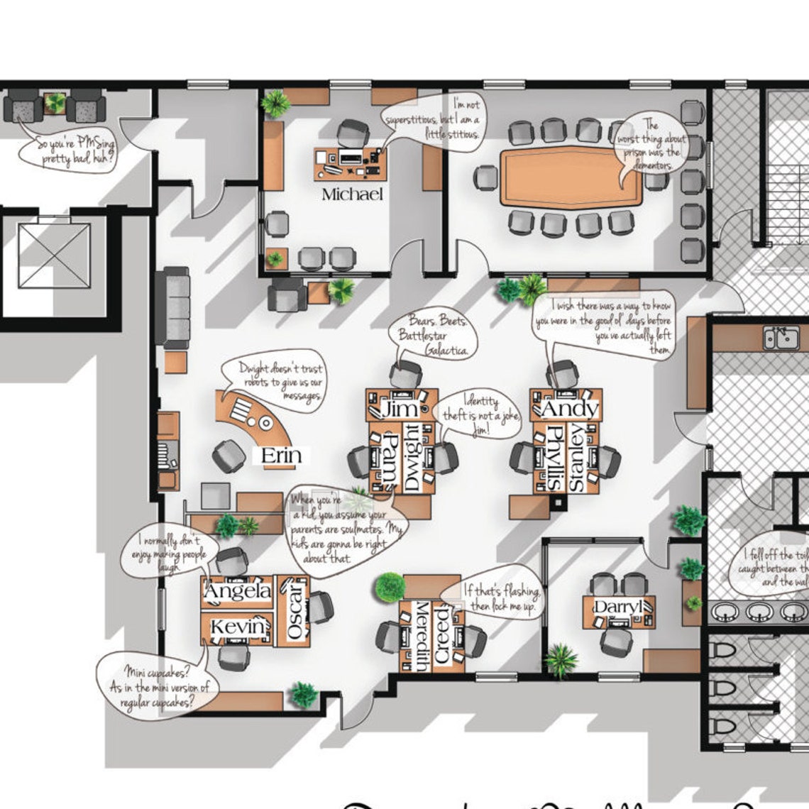 The Office US TV Show Office Floor Plan with Quotes Dunder