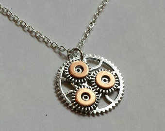 Unisex Mixed Metal Gear Engineer Pendant / Steampunk Found Object Sprocket Necklace / Hypoallergenic Nickel Free / Repurposed Cogs.