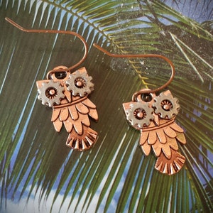 Copper Owl Earrings / Gear Sprocket Cog Mixed Metal Found Object / Repurposed Steampunk Hypoallergenic Nickel Free Jewelry / Audubon Birds.