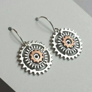 Recycled Steampunk Mixed Metal Gear Earrings / Engineer Hardware Gifts /  Found Object Copper Industrial Jewelry / Nickel Free  Earwires.