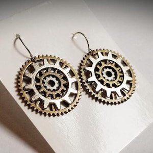Mixed Metal Gear Earrings / Found Object Upcycled Steampunk Engineer Gifts / Repurposed Sprocket Cog / Nickel Free Hypoallergenic Jewelry.