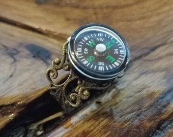 Mixed Metal Compass Brass Sporting Outdoor Unisex Filigree Found Object Rings, Repurposed Recycled Cyberpunk Techie Geek Mismatched Jewelry.