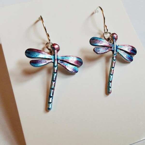 Colorful Dragonfly Earrings / Spirited Vibrant Multicolored Heavenly Jewelry / Pewter Alcohol Inked Dragonflies / Hypoallergenic Nickel Free