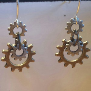 Small Found Object Mixed Metal Gear Engineer Gifts /  Steampunk Sprocket Repurposed Light Weight Hypoallergenic Nickel Free Earrings.