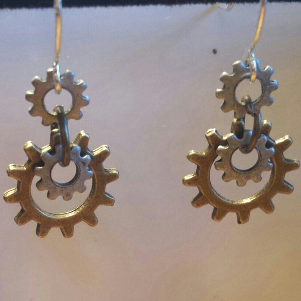 Small Found Object Mixed Metal Gear Engineer Gifts /  Steampunk Sprocket Repurposed Light Weight Hypoallergenic Nickel Free Earrings.