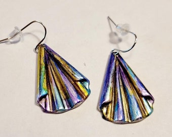 Colorful Hand Painted Alcohol Ink Pewter Fan Dangle Earrings / Multicolored Designer Artisan Light Weight Jewelry / Hypoallergenic earwires.