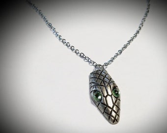 Unisex Steampunk Snake Reptile Pendant Gifts / Cosplay Edgy Halloween Jewelry / Colorful Crystal Green Silver Necklaces / Nickel Free Chain.