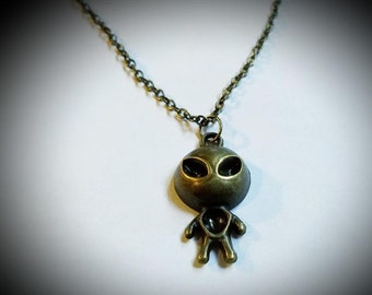 Brass Alien Extraterrestrial Necklace Gifts / Steampunk Cosplay Metal Geeky Pendant / Hypoallergenic Nickel Free.