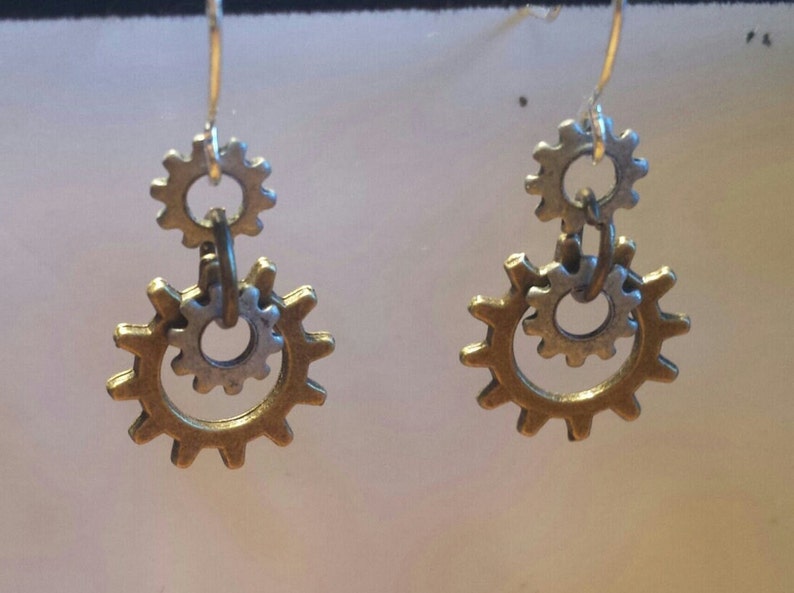 Small Found Object Mixed Metal Gear Engineer Gifts / Steampunk Sprocket Repurposed Light Weight Hypoallergenic Nickel Free Earrings. image 1