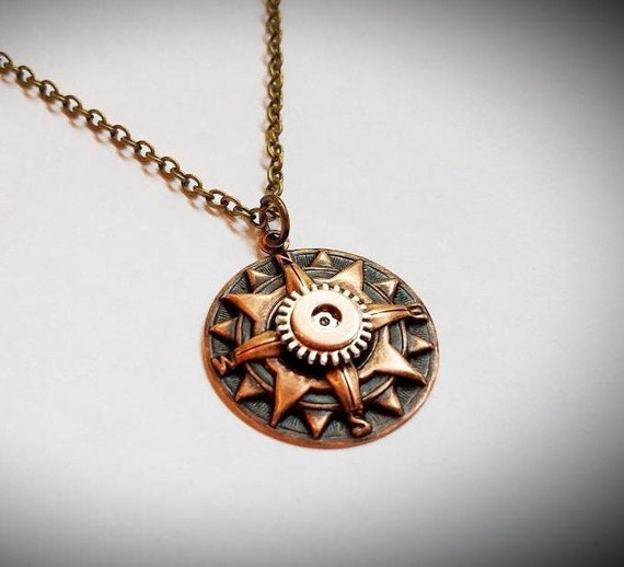 Unisex Steampunk Mixed Metal Sundial Pendant Copper Gear Hardware Necklace Repurposed Found Object Sprocket Cog Gifts Nickel Free