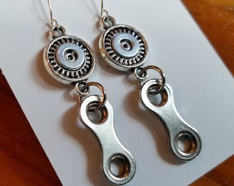 Cycling Girl Earrings / Recycled Bicycle Link Jewelry / Gear Hardware Ironman Accessories / Found Object Dangle Biking / Nickel Free.