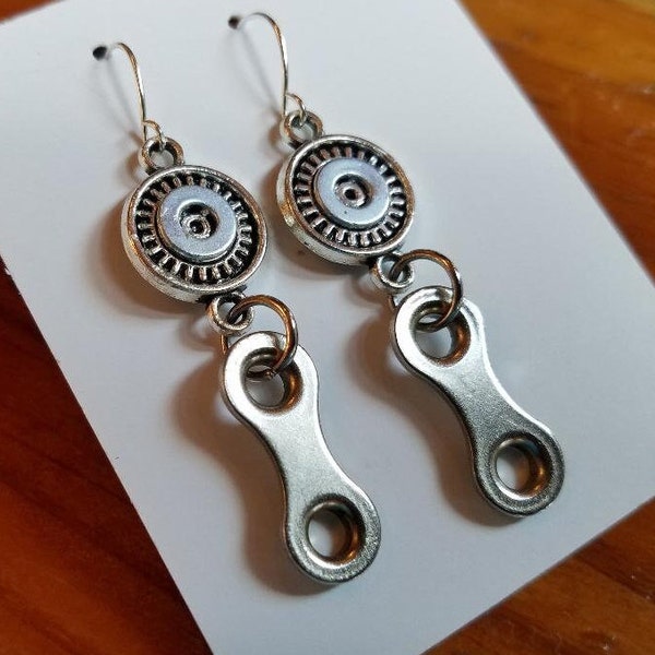 Cycling Girl Earrings / Recycled Bicycle Link Jewelry / Gear Hardware Ironman Accessories / Found Object Dangle Biking / Nickel Free.