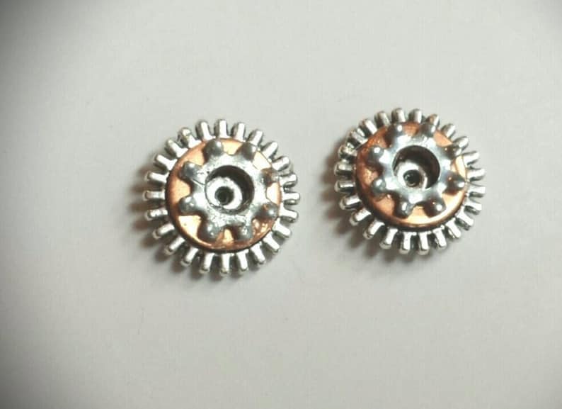 Tiny Gear and Copper Hardware Unisex Stud Earrings, Steampunk Industrial Mixed Metal Post, Small Mechanical Repurposed Jewelry. image 1