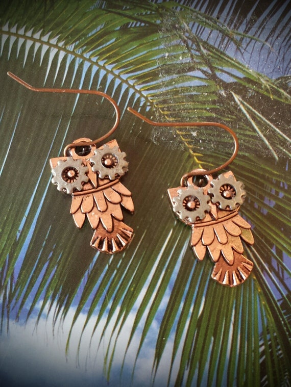 Copper Owl Earrings Gear Sprocket Cog Mixed Metal Found Object