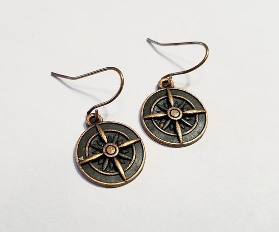 Small Copper Compass Sundial Earrings Outdoor Girl Jewelry Gifts