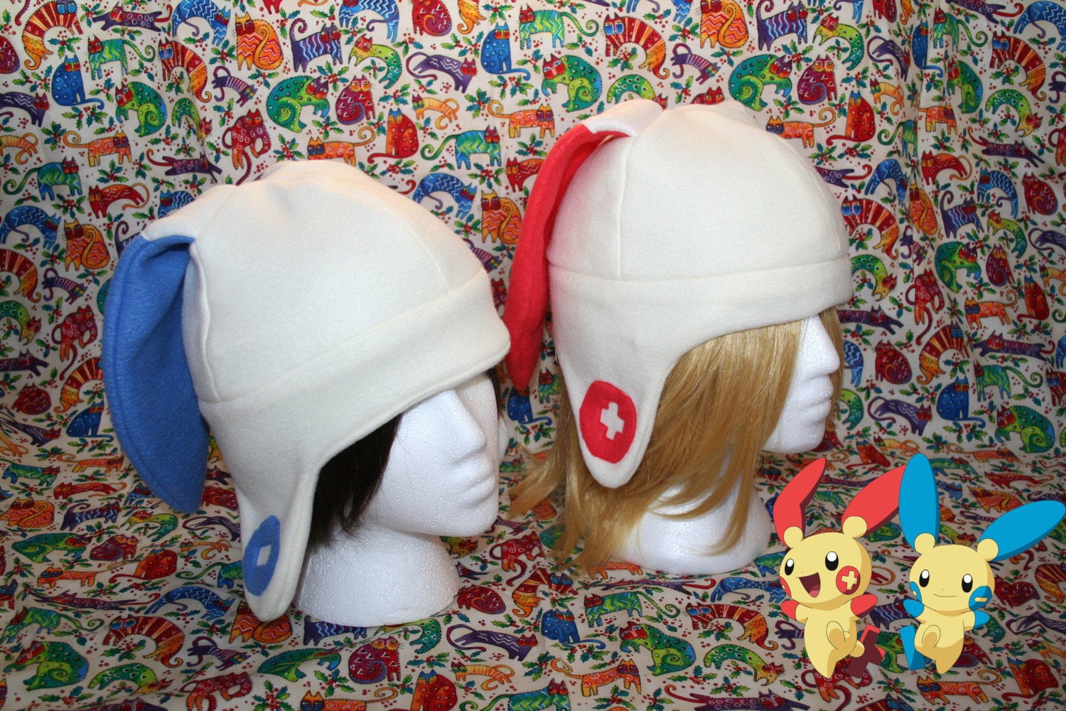 Plusle and Minun Pokemon fleece Hat with Earflaps-Adult size great for Halloween.