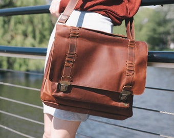 Full Grain Leather Clip Up Satchel - Messenger Bag - Work Bag - 15" Laptop Capacity in Vintage Brown Handmade & Personalized by MAHI