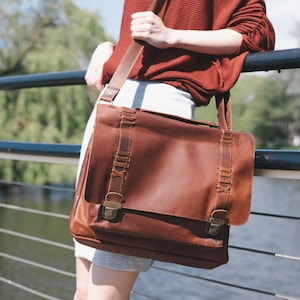 Full Grain Leather Clip Up Satchel - Messenger Bag - Work Bag - 15" Laptop Capacity in Vintage Brown Handmade & Personalized by MAHI