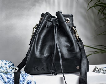 Personalized Leather Bucket Bag with Drawstring – Classic Cross Body Bag in Black Handmade in Full Grain Leather by MAHI