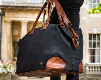 Personalized Waxed Canvas & Leather Travel Bag - Weekend Bag - Overnight Bag - Holdall - Black Canvas and Brown Leather Handmade by MAHI