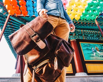 Personalized Full Grain Leather Backpack / Rucksack with double pockets Casual For Work in Brown For Him For Her Unisex Handmade by MAHI