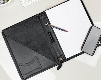 Personalized Black Full Grain Leather Portfolio Case with Zip | Business Padfolio For A4 Documents Work Folio Document Holder by MAHI