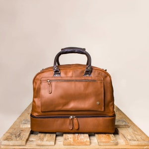 Personalized Large Leather Weekender Holdall Bag with Under Compartment for Shirts Brown Leather Overnight Bag For Him Travel Bag