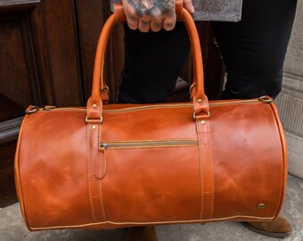 Personalized Buffalo Leather Duffle Bag - Leather Weekend Bag - Overnight Bag - Gym Bag - Holdall in Tan Brown Handmade by MAHI