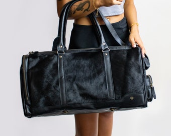 Black 'Pony Fur' Leather Holdall/Duffle - Black Cowhide with Natural Fur - Weekend Bag - Overnight Bag in Pony Hair by MAHI Leather