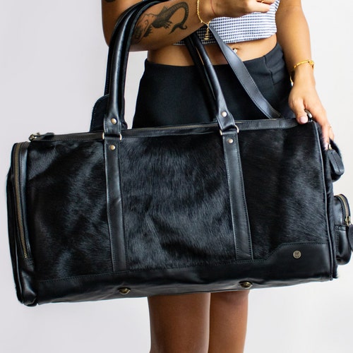 Black 'Pony Fur' Leather Holdall/Duffle - Black Cowhide with Natural Fur - Weekend Bag - Overnight Bag in Pony Hair by MAHI Leather