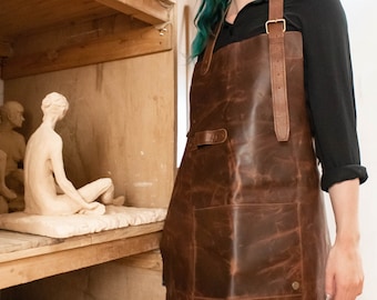 Personalized Leather Artist Apron | Custom Monogram Full Grain Leather Apron For Potters and Crafters | Hobbyists Woodwork Pottery Apron
