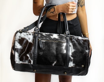 Leather Cowhide Duffle Bag - Animal Print with Natural Fur - Weekend/Overnight Duffel Bag in Black & White Cow Print Pony Hair by MAHI